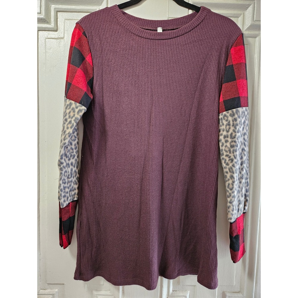 Magic Fit Womens Mixed Media Plaid Leopard Sleeve Ribbed Knit Tunic Top Burgundy